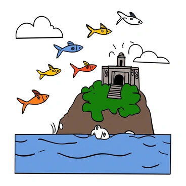 A group of colorful flying fish with shimmering scales gliding gracefully through the air. In the background, there is an ancient stone temple with intricate carvings, perched atop a steep cliff overlooking the sea. The temple features tall columns and a large entrance, surrounded by lush greenery. Below, the blue waves of the ocean crash against the rocks of the cliff, creating a dynamic contrast with the tranquil sky. The scene captures the harmony between the flying fish and the majestic temple.