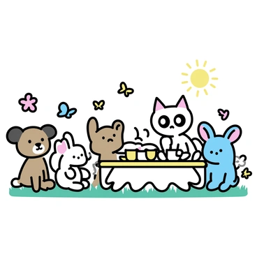 A cartoon cat with large expressive eyes and a playful smile is sitting at a small round table. The table is adorned with a colorful tablecloth and has an assortment of teacups and a teapot. Around the table are several stuffed animals, including a brown teddy bear, a floppy-eared bunny, and a soft elephant, each with unique features. The garden setting is filled with blooming flowers and green grass. A few butterflies flutter nearby, enhancing the lively atmosphere. The sun is shining down, creating a warm and inviting ambiance for the tea party.