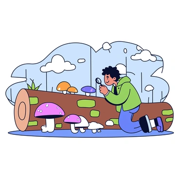 A nature enthusiast is crouched down beside a fallen log, closely examining various types of fungi growing on its surface. The log is covered in patches of brown and green moss. There are clusters of small mushrooms in different shapes and colors, including white, orange, and purple. Sunlight filters through the trees above, casting soft shadows on the scene. The enthusiast is wearing a green jacket and has a magnifying glass in hand, intently studying one of the mushrooms.