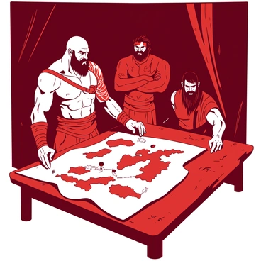 A red war room is filled with several warriors gathered around a large, detailed map laid out on a wooden table. In the center, Kratos, with his signature ash-white skin and a fierce expression, points at a strategic location on the map. His muscular build and battle-worn armor reflect his strength. Beside him, a tall ally with long dark hair and a sword slung at his side listens intently, nodding in agreement. Another ally, a stout warrior with a thick beard, leans forward with arms crossed, showcasing an expression of determination. The dim lighting of the room casts shadows, emphasizing the map's intricate details and the camaraderie among the group as they strategize for the impending conflict.