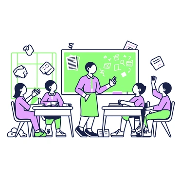 A classroom setting filled with students seated at their desks. Some students have puzzled expressions as they look at their open notebooks. Papers are flying around the room, some are mid-air, while others are in a scattered pile on the floor. On the blackboard, there are several doodles and notes haphazardly drawn, adding to the chaos of the lesson. A teacher stands at the front, appearing frustrated, while one student raises a hand, seeking clarification. Sunlight enters through a window, illuminating the room.