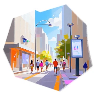 A network of small, circular sensors mounted on streetlight poles and buildings throughout a bustling city street. Each sensor has a blinking green light indicating its operational status. In the foreground, pedestrians walk by, some glancing curiously at the sensors. The buildings are modern, made of glass and concrete, showcasing a blend of urban architecture. Above, a clear blue sky adds to the atmosphere, while a few wispy clouds float by. A digital display board nearby shows real-time data on carbon dioxide levels, illustrating the city's commitment to monitoring air quality.