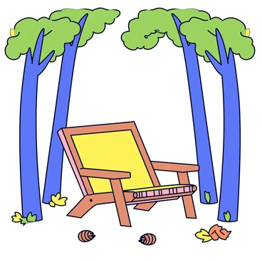 A rustic fauteuil with a wooden frame and a natural finish is placed prominently in the middle of a forest. The chair features a woven seat and backrest, complementing its earthy design. Surrounding the fauteuil are tall trees with green leaves that stretch towards the sky. Sunlight filters through the branches, creating dappled patterns on the forest floor. A few pinecones and fallen leaves are scattered around the base of the chair.