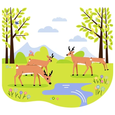 A serene natural park setting in Kingston featuring a group of brown deer grazing on lush green grass. Nearby, colorful birds are perched on branches of tall trees with vibrant leaves. The scene includes a clear blue sky with fluffy white clouds, and a gentle breeze rustling the leaves. A small sparkling stream flows through the park, reflecting the sunlight. Wildflowers in various colors bloom along the edges of the grassy areas, adding to the beauty of the wildlife scene.