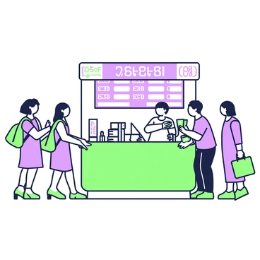 A busy currency exchange booth is located in a crowded area, with multiple customers waiting in line. The booth is enclosed with a transparent glass front, showcasing the bustling activity inside. Behind the counter, a digital board prominently displays current currency exchange rates, with numbers changing frequently. The staff member at the booth is assisting a customer, who is handing over cash. A variety of currency notes are visible, stacked neatly on the counter, along with brochures about exchange services. In the background, movement can be seen with people passing by, some glancing at the exchange rates.