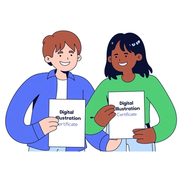 Two artists collaborating on a project, each holding their digital illustration certificates in hand.