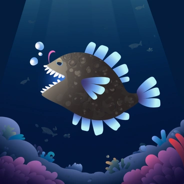 A glowing anglerfish with a bioluminescent lure is swimming in the dark depths of the ocean. Its body is mostly dark brown with intricate patterns, while its lure shines a vibrant blue light, illuminating the surrounding water. The anglerfish has large, sharp teeth visible in its wide mouth, and its fins are delicately spread, showcasing their translucent edges. Tiny bubbles rise around it, and faint outlines of other deep-sea creatures can be seen in the distant darkness. The ocean floor is covered with various corals and rocks, creating a textured backdrop.