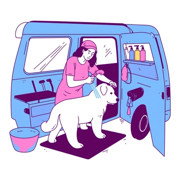 A pink pet groomer is carefully washing a fluffy white dog inside a blue van converted into a grooming studio. The van is equipped with various grooming tools neatly organized along the walls. There is a large window allowing natural light to enter, illuminating the space. The dog is standing on a non-slip mat, and the groomer is using a handheld showerhead to rinse the dog, with water droplets glistening in the light. Behind them, a row of colorful shampoo bottles is visible on a shelf. The atmosphere is bright and clean, emphasizing the groomer's attention to detail.