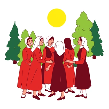A group of handmaids wearing vibrant red dresses is gathered under a bright yellow sun. They are standing in a circle, sharing smiles and laughter, with their heads slightly tilted back in joy. The handmaids' white bonnets contrast with the red dresses and the yellow backdrop. In the background, there are lush green trees creating a natural frame around the scene, while soft shadows dance on the ground from the bright sunlight.