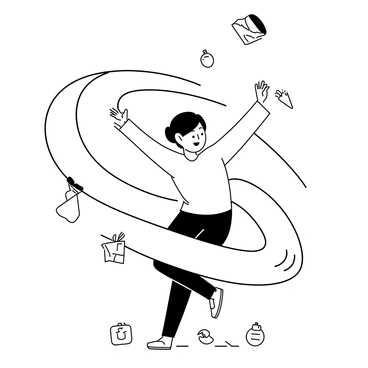 A parent in a dynamic pose is swirling around in the center of the image, resembling a tornado. The figure is depicted with arms outstretched, embodying movement and energy. Various small objects and details from the child's environment, such as toys, books, and art supplies, are being lifted and caught in the swirling motion. The parent is depicted with a focused expression, drawing attention to their engagement with the surroundings. The background features a child's room, with scattered items emphasizing the child's playful environment.
