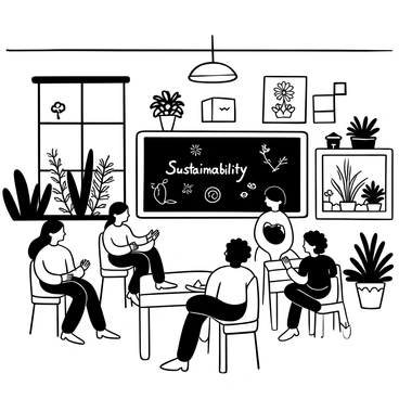 A classroom filled with a variety of plants, including tall leafy ferns and small potted succulents, arranged on windowsills and desks. Students are seated at wooden desks, some taking notes while others are engaged in discussions. A large chalkboard at the front of the room displays the words "Sustainability" and diagrams illustrating eco-friendly practices. Sunlight filters through the windows, casting shadows and highlighting the vibrant greenery throughout the space. Various educational posters about environmental conservation hang on the walls.