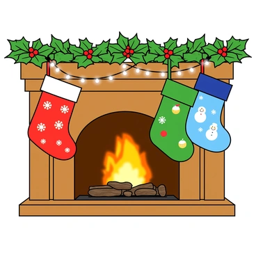 A cozy fireplace mantle made of warm brown wood, adorned with lush green holly leaves and bright red berries. The mantle is strung with twinkling white lights that add a soft glow to the scene. Colorful stockings in various patterns hang from the mantle. One stocking is bright red with white snowflakes, another is green with festive ornaments, and a third is blue with cheerful snowmen. Below the mantle, the warm glow of the fire can be seen, casting flickering shadows across the room.