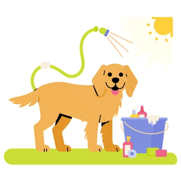 A friendly dog being washed in a backyard with a hose and bucket