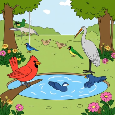 A vibrant wildlife sanctuary filled with a variety of birds in their natural habitats. In the foreground, a bright red cardinal perched on a branch, its feathers gleaming in the sunlight. Nearby, a tall heron stands gracefully by a small pond, its long neck extended as it watches for fish. A colorful parrot with green and yellow feathers is seen swinging mischievously from a rope, while a blue jay flits between the trees, its wings spread wide. In the background, a group of ducks paddles around the serene water, creating gentle ripples. The sanctuary is surrounded by lush greenery, with flowers blooming in various colors, adding to the lively atmosphere.