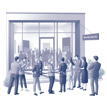 A bustling scene at the grand opening of a new illustration gallery in NYC. A large crowd has gathered outside the sleek, contemporary building, showcasing its impressive glass facade. At the center, a group of people is positioned for the ribbon-cutting ceremony. One individual, dressed in formal attire, is holding a pair of scissors, poised to cut the ribbon which is elegantly draped across the entrance. The atmosphere is lively, with onlookers capturing the moment with their smartphones. Nearby, a banner hangs above the entrance, prominently displaying the gallery’s name in bold lettering. Floral arrangements are placed around the entrance, adding a touch of elegance to the setting.