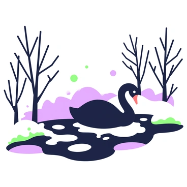 A black swan gliding through a partially frozen pond in winter