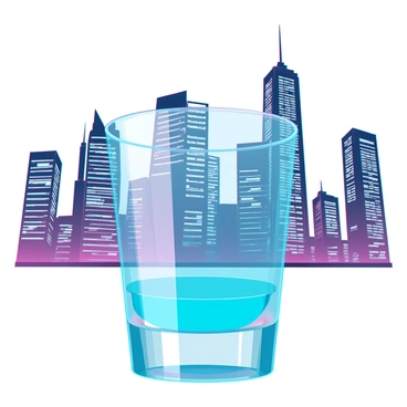 A vibrant city skyline at dusk, featuring tall skyscrapers with illuminated windows and distinct architectural designs. The scene captures a variety of buildings, including glass-clad structures and older stone buildings, each reflecting different colors of the sunset. In the foreground, a clear shot glass filled with liquid serves as a lens, perfectly reflecting the skyline, distorting the image slightly due to the shape of the glass. The liquid inside the glass glimmers subtly, enhancing the reflections and adding a glossy texture.