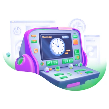 A modern pastel illustration of a time machine dashboard featuring a central display screen. The screen shows a bold, digital clock with the future date highlighted. Next to the clock, the words "Research Gap" are prominently displayed in a futuristic font. Various colorful buttons and switches surround the screen, each labeled with terms like "Start," "Stop," and "Navigate." Small screens displaying graphs and charts are integrated into the dashboard, showcasing different data points. In the background, there are faint outlines of futuristic control panels and dials, adding depth to the scene.