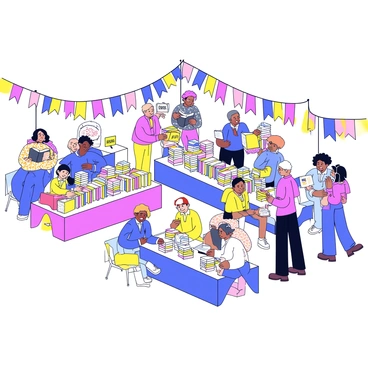 A vibrant book fair with an array of colorful stalls. Each stall showcases neatly arranged books, with signs indicating various genres. Several authors are present, interacting with readers, signing copies of their books. Groups of readers are scattered throughout the fair, some browsing the titles while others are seated, engrossed in reading. Bright banners hang above the stalls, adding to the lively atmosphere of the event.