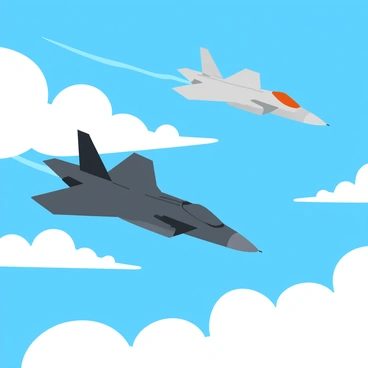 Two F35 jets, one in a sleek dark gray color and the other in a lighter camouflage pattern, are actively engaging in a mock dogfight high above the earth. The jets are positioned at dynamic angles, showcasing their angular wings and streamlined bodies. Fluffy white clouds surround them, with some clouds partially illuminated by sunlight. The sky is a vivid blue, contrasting with the aircraft's colors. One jet trails a faint stream of vapor behind it, illustrating its sharp maneuvering, while the other jet is preparing to turn sharply, creating an impression of speed and agility.