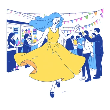 A blue-haired woman is joyfully dancing in a vibrant yellow dress with flowing fabric that twirls around her as she moves. She has a bright smile on her face, radiating happiness. Around her, there are colorful decorations hanging from stalls, and people are gathered, clapping and enjoying the lively street festival atmosphere. In the background, there are string lights illuminating the scene, adding to the festive mood of the gathering.