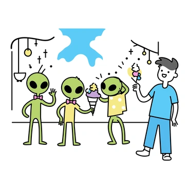 A group of three aliens, each with bright green skin and large round eyes, are gathered around a human in a park. One alien is wearing a red bow tie and a yellow polka dot shirt, while another holds a giant ice cream cone, dripping with colorful scoops. The third alien is attempting to mimic the human's posture, raising its arm in a comical way. The human, dressed in casual jeans and a blue t-shirt, is laughing as he watches the aliens. In the background, there are trees with unusual fruit hanging from the branches, and a clear blue sky above.