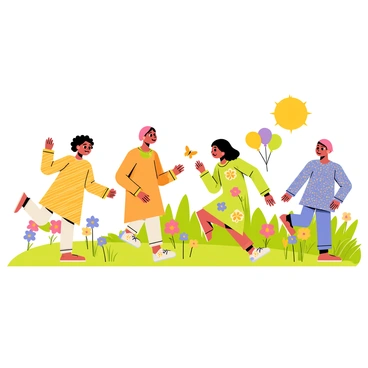 A group of four children playing in a vibrant garden filled with colorful flowers and greenery. Each child is wearing a playful and colorful kaftan in various patterns, such as stripes, polka dots, and floral designs. One child is skipping happily, another is crouched down examining a butterfly, while the others are running around, laughing. The sun is shining brightly, casting cheerful shadows on the grass. A few colorful balloons are floating nearby, adding to the joyful atmosphere of the scene.