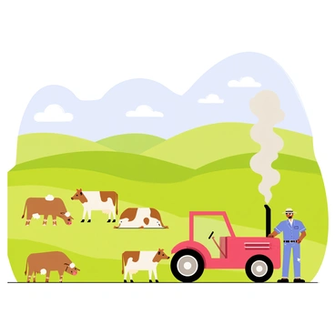 A large farm scene featuring a green landscape with rolling hills in the background. There are several brown and white cows grazing on the grass, some standing while others are lying down. In the foreground, a red tractor is parked, with a farmer in a blue shirt and a straw hat leaning against it. Wisps of grey-colored methane gas rise into the air from the cows and the tractor, creating a visible effect in the atmosphere. Bright blue skies with a few fluffy white clouds complete the rural setting.