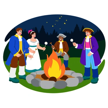 A group of actors dressed in detailed period costumes from the colonial era, gathered around a large, crackling bonfire. The bonfire is surrounded by stones and emits a warm glow that highlights the rich colors of their garments. Each actor displays unique attire, including a blue frock coat, a flowing white dress adorned with lace, and a brown tricorn hat. The actors are engaged in lively conversation, with some roasting marshmallows on long sticks. The setting features a dark forest backdrop, with trees silhouetted against the night sky. Sparks from the fire rise into the air, creating a magical atmosphere around the scene.