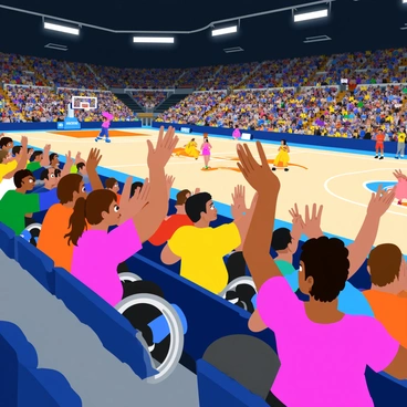 A group of enthusiastic spectators in the stands is performing a wave during a wheelchair basketball championship. Each person is dressed in colorful team jerseys, waving their arms up and down in unison. The stands are filled with excited faces, some holding signs to cheer on their teams. In the background, the basketball court is visible, with players in wheelchairs competing intensely. Bright lights shine down on the scene, illuminating the spectators and the action on the court. The atmosphere is lively and energetic, capturing the spirit of the championship event.