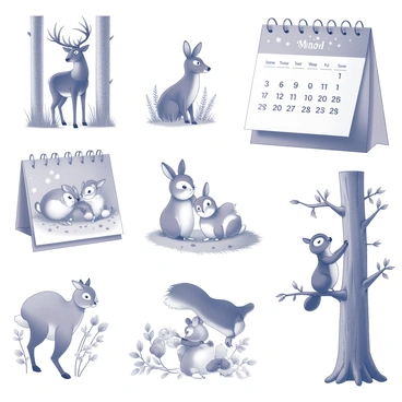 A forest-themed calendar with whimsical illustrations of animals in their natural habitats