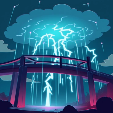 A thunderstorm over a wooden bridge, with lightning igniting small flames