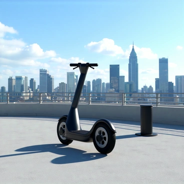 A modern Segway with a sleek design is positioned on a building rooftop. The Segway is black with shiny metallic accents, and it is plugged into a charging station for power. In the background, a vast city skyline stretches out, featuring tall skyscrapers with reflective glass windows that catch the sunlight. The sky is bright blue with a few fluffy white clouds scattered throughout. The rooftop is equipped with safety rails and has a concrete surface, giving a utilitarian feel to the urban setting.