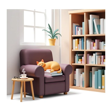 A cozy library with wooden bookshelves filled with books of various sizes and colors. Soft, warm lighting fills the room, casting gentle shadows on the walls. In the center, there is a large, plush armchair upholstered in a rich burgundy fabric. A fluffy orange cat is sleeping peacefully on top of a stack of books, with its paws stretched out and eyes closed. A small wooden table beside the chair holds a steaming cup of tea and a pair of reading glasses. A green potted plant sits on the windowsill, allowing soft sunlight to filter into the room.
