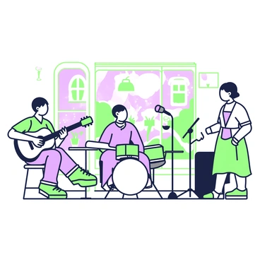 A small band playing live music at the corner of a cozy cafe