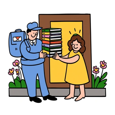 A mailman with light skin and short black hair is standing at a door, smiling as he hands over a large stack of colorful greeting cards to a cheerful recipient. The mailman is wearing a blue uniform with a cap and has a postal bag slung over one shoulder. The recipient, a light-skinned woman with big eyes and wavy brown hair, is wearing a yellow sundress and has a bright smile on her face. She is reaching out to take the cards with both hands, surrounded by a cheerful atmosphere on a sunny day. The background shows a well-kept garden with blooming flowers.