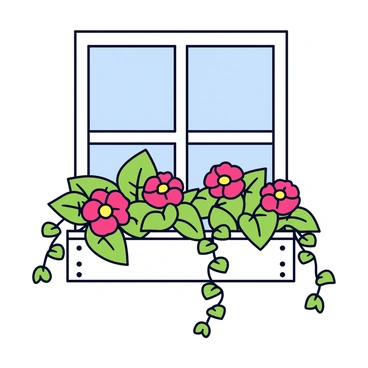 A cheerful window box made of wood, painted in bright white. The box is overflowing with vibrant red geraniums, their petals fully open and lush green leaves surrounding them. Interspersed among the geraniums is trailing green ivy, its leaves cascading down the sides of the box. The window box is positioned beneath a clear glass window, letting in natural light.