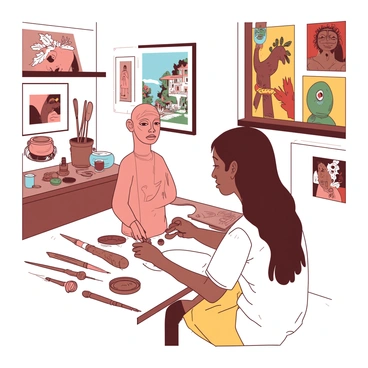 An artist is sculpting a figure that embodies their cultural identity in a well-lit studio. The figure is made of a soft clay material, showing intricate details that reflect traditional patterns and symbols. Surrounding the artist are various sculpting tools, including chisels and wooden modeling tools, neatly arranged on a workbench. There are also inspirational images and artifacts from their culture displayed on the walls, showcasing vibrant colors and textures. The artist is focused and engaged, their hands skillfully shaping the clay as they draw on their cultural heritage for inspiration.