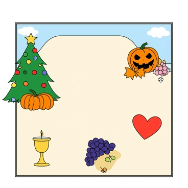 A large illustration board filled with a festive collage showcasing various holiday elements. In one corner, there is a colorful Christmas tree adorned with bright ornaments and a shining star on top. Nearby, a spooky jack-o'-lantern with a mischievous grin and a lit candle inside is placed next to some autumn leaves. To the right, a bright red heart symbolizes Valentine's Day, surrounded by small pink and white flowers. A golden chalice and grapes represent a harvest festival, situated at the bottom center of the board. The background has a light blue sky with fluffy white clouds, bringing all elements together in a cheerful arrangement.