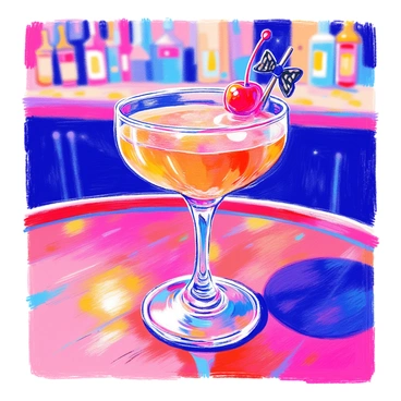 A cocktail glass adorned with a cherry and a tiny bow tie stirrer