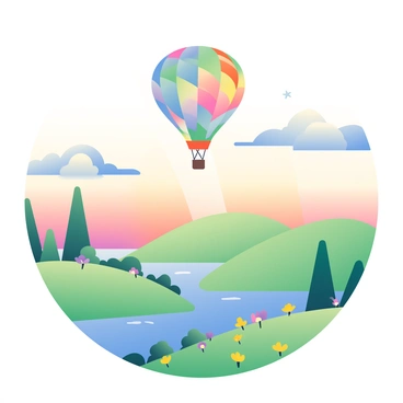 A colorful hot air balloon with a vibrant pattern is floating in the sky. The balloon is surrounded by soft, pastel-colored clouds reflecting the early morning light. Below, there is a picturesque landscape featuring rolling green hills dotted with wildflowers in shades of yellow and purple. A winding river glistens in the soft sunlight, while a cluster of trees provides a natural border along the horizon. The sky transitions from deep blue to warm orange and pink, indicating the dawn of a new day. The scene captures a sense of tranquility and natural beauty.