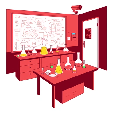 A red high-security laboratory filled with various chemical experiments on tables, showcasing colorful beakers and flasks filled with bubbling liquids. The lab has a large white blackboard covered with complex diagrams and formulas. In the background, there is a sturdy white door that is locked, featuring a digital keypad displaying numbers. A security camera is mounted on the wall, observing the area. The overall atmosphere suggests a controlled and monitored environment for advanced scientific research.