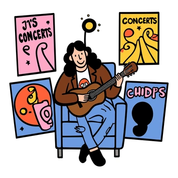 A musician celebrity with light skin and long wavy black hair is sitting casually on a lounge chair backstage. They are wearing a stylish leather jacket over a graphic t-shirt and ripped jeans. In their hands, they are strumming a classic acoustic guitar, and a relaxed smile is on their face. Surrounding them are vibrant posters of their past concerts, featuring colorful designs and bold text with the musician's name. A soft light illuminates the space, enhancing the cozy backstage atmosphere.