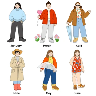 A series of six illustrations depicting trendy outfits for each month of the year. In January, a person wearing a cozy, oversized sweater in pastel blue paired with dark skinny jeans and winter boots. In February, a fashionable individual in a stylish red jacket, white turtleneck, and black leggings, holding a heart-shaped balloon. For March, a character dressed in a floral-patterned blouse and light denim skirt, with ankle boots and a wide-brimmed hat, surrounded by small blossoms. In April, someone wearing a light raincoat, holding a transparent umbrella, with colorful rain boots and a pair of jeans. May features a young person in a vibrant sundress with floral prints, accessorized with a straw hat and sandals, standing in a sunny park. In June, a character dressed in a trendy tank top with high-waisted shorts, wearing sunglasses and flip-flops, enjoying a beach setting with waves in the background.