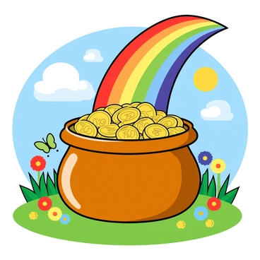 A shiny pot of gold sitting on the ground, filled to the brim with gleaming gold coins. Above it, a vibrant rainbow arches across the sky, with bright colors blending together. The pot is surrounded by a lush green meadow filled with colorful wildflowers, including red, yellow, and blue blossoms. The sun is shining brightly, illuminating the scene, and a few fluffy clouds pass gently by in the blue sky. A small butterfly flutters nearby, adding to the cheerful atmosphere of the meadow.