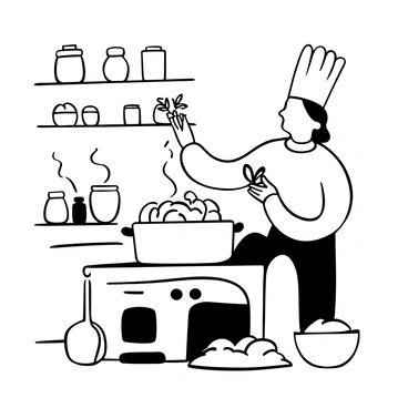 A chef in a white uniform and a tall hat is standing in a kitchen, leaning slightly over a steaming pot on the stove. The pot, filled with a rich pasta sauce, emits wisps of steam rising into the air. The chef is holding a small bunch of freshly chopped basil above the pot, ready to sprinkle it in. Around the pot, there are various kitchen utensils and ingredients, including a wooden spoon resting nearby and a small bowl filled with additional herbs. The background features shelves with jars and spices, adding to the culinary atmosphere.