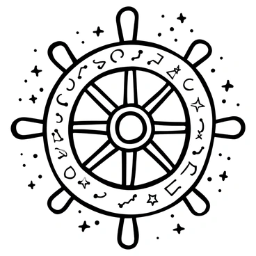 A ship's wheel centered in the image, with intricate patterns of constellations and stars etched into its surface. Each spoke of the wheel features different constellations, with clear outlines connecting the stars. Surrounding the wheel, scattered stars create a celestial atmosphere, enhancing the nautical theme. The background is filled with a subtle pattern of smaller celestial bodies, giving depth to the composition.