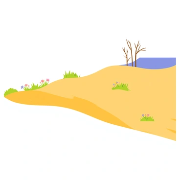 A barren desert with golden sand dunes gradually encroaching on an area of once fertile land. The fertile land is depicted with patches of green grass and small clusters of colorful wildflowers. In the background, a clear blue sky contrasts with the sandy hues of the desert. A few dry trees stand at the edge of the desert, their branches reaching out towards the remaining greenery. The scene conveys the stark transition from life-sustaining land to arid desert.