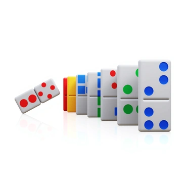 A single fallen domino disrupting a line of standing dominoes. The fallen domino is at an angle, creating a sense of motion, while the standing dominoes are aligned neatly in a row. The surface beneath them is smooth and reflective, emphasizing the contrast between the fallen and standing pieces. Each domino has distinct colors and patterns, enhancing the visual interest of the arrangement. The overall composition captures the moment of disruption in the lineup.