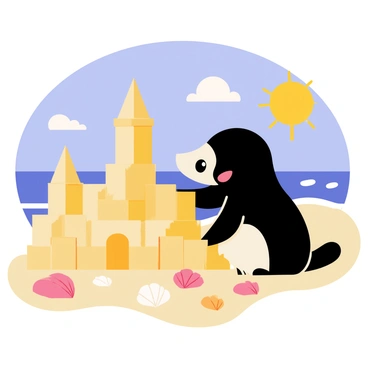 A niffler with shiny black fur is focused on building a sandcastle on a sunny beach. The niffler uses its small paws to carefully shape the sand, creating tall towers and intricate walls. Scattered around the niffler are various seashells in shades of pink, white, and orange, adding color to the scene. The bright sun shines down from a clear blue sky, casting soft shadows on the sand. Small waves can be seen in the background, gently lapping at the shore.